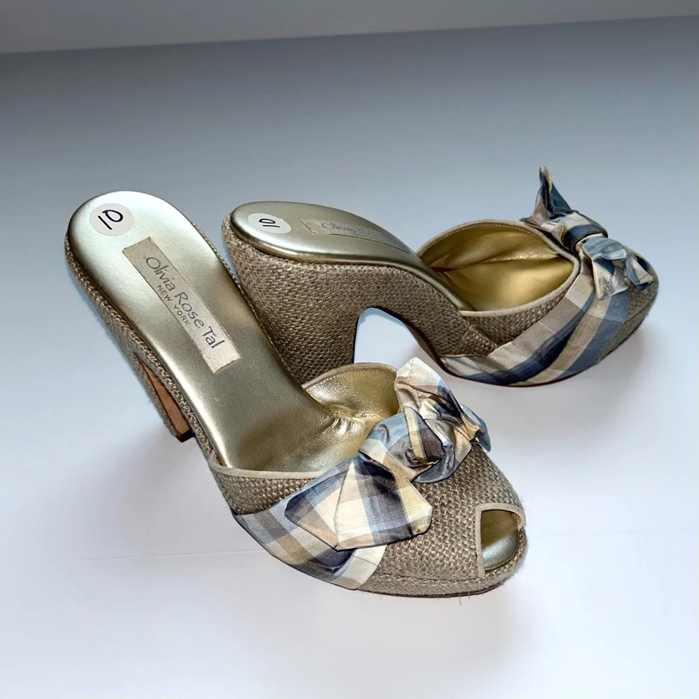 Olivia Rose Tal Peep‎ Toe Mule Pumps Block Heel Plaid Bow